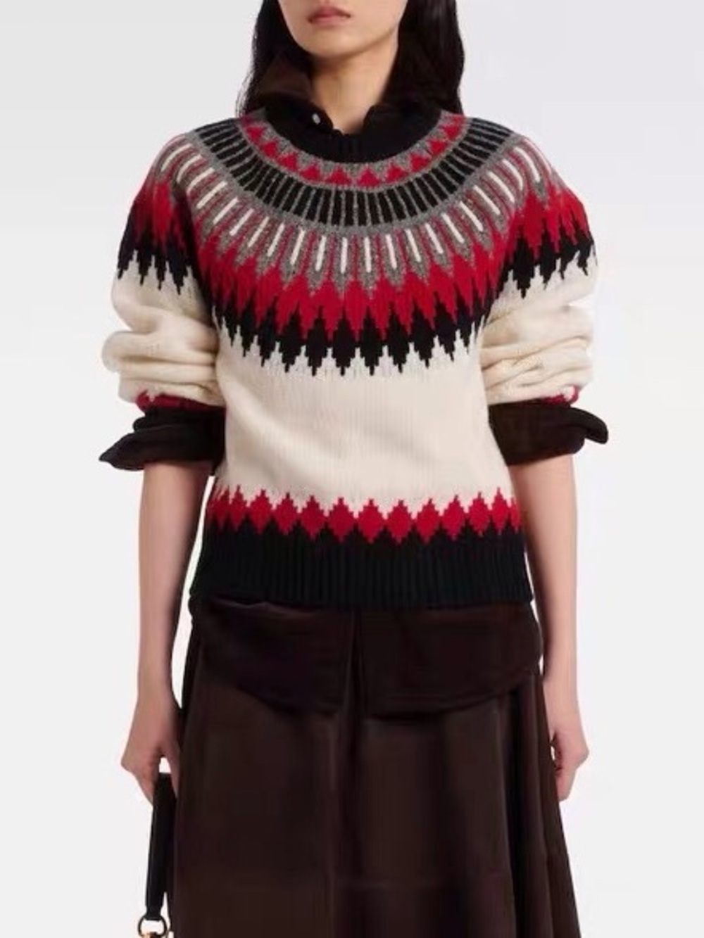Polo by Ralph Lauren Cream Fair Isle Crewneck Sweater with Red & Black Pattern